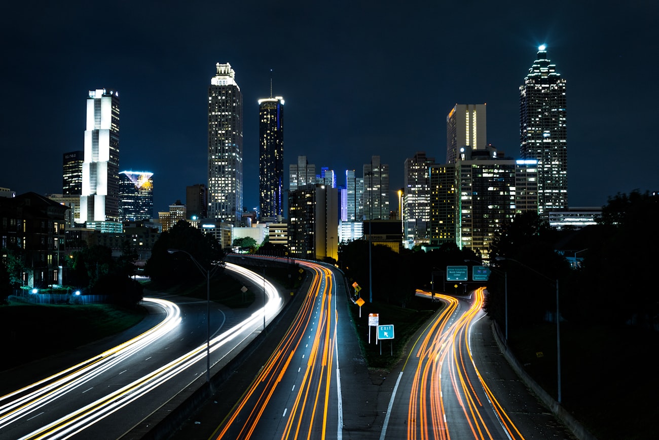 City network illuminated at night, representing mobile radio coverage
